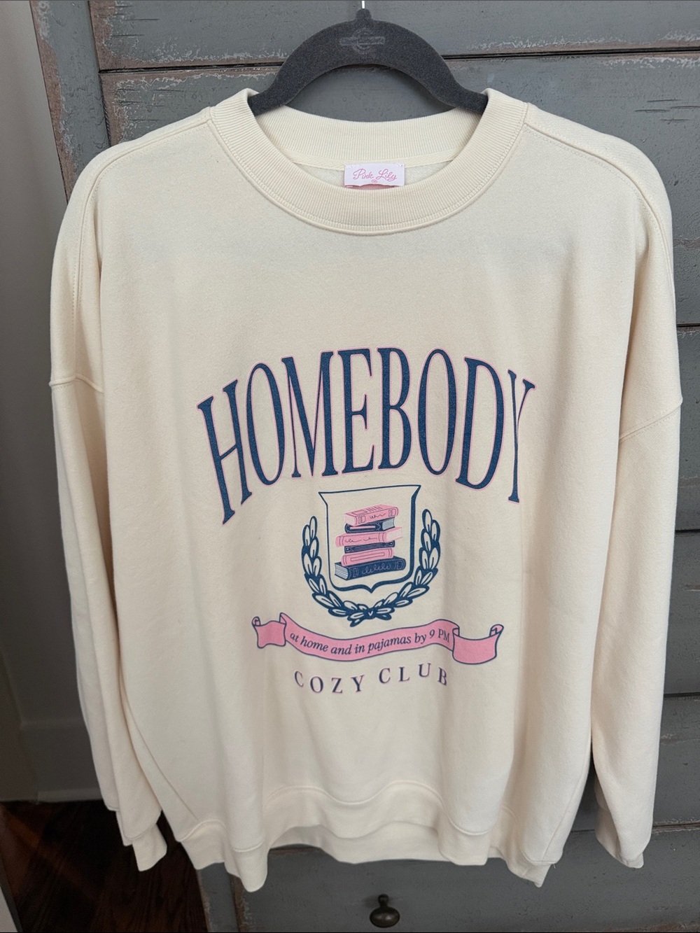 Pink Lily Cream 'Homebody' Crewneck with Navy & Pink Graphic